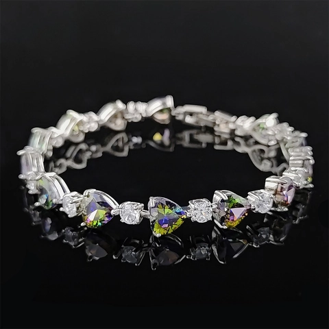 Luxury Copper Colorful Heart Shaped Rhinestone Bracelet For Women Fashion Jewelry Elegant Multi Color Mystic Topaz Style