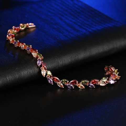Bracciale Foglia In Zircone Marquise Colorato Base In Ottone Gioielli Di Moda Elegante Catena A Mano Per Donna
