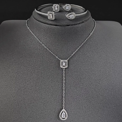 Luxus Legierung Geometrische Schmuck Kollektion Strass Tränenform Quadratische Halskette Offener Armreif Ohrstecker Für Hochzeit Damen