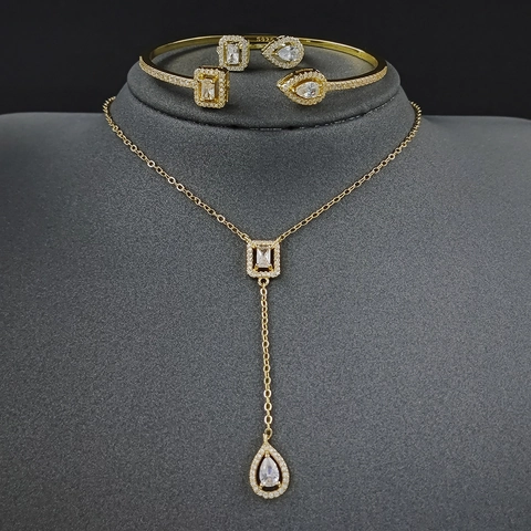 Luxus Legierung Geometrische Schmuck Kollektion Strass Tränenform Quadratische Halskette Offener Armreif Ohrstecker Für Hochzeit Damen