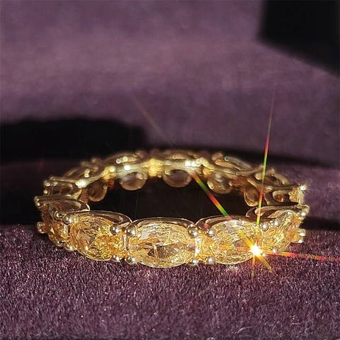 Fashion Gold Plated Copper Eternity Ring Yellow Oval Cut Cubic Zirconia Minimalist Geometric Finger Ring For Women Daily Party Jewelry