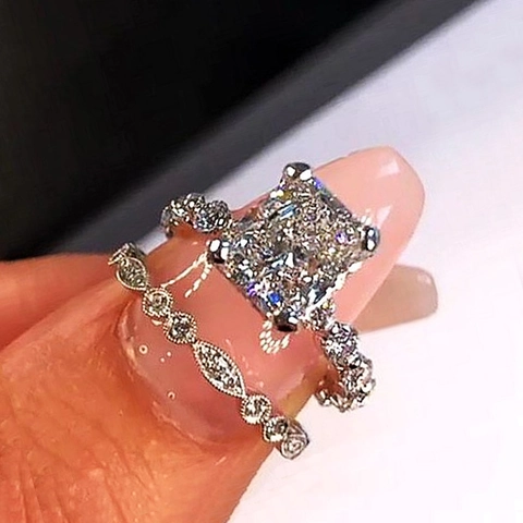 Luxury Copper Zirconia Square Cut Rings Full Diamond Inlay Engagement Wedding Finger Ring Women Elegant Fashion Jewelry