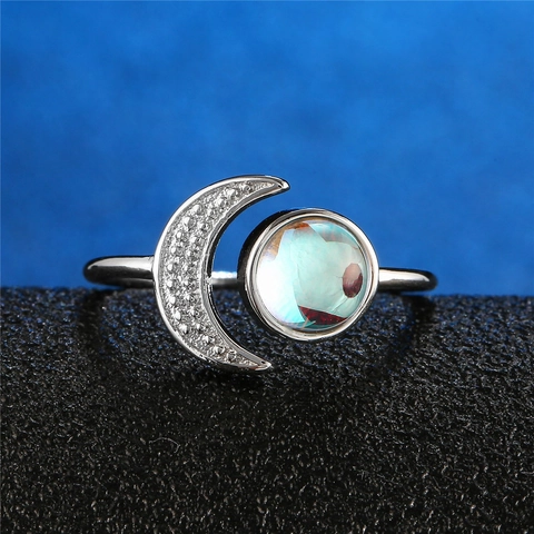 Celestial Crescent Moon Moonstone Zirconia Copper Ring Elegant Silver Plated Geometric Finger Ring Jewelry For Women Birthday Gift