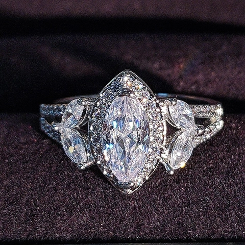 Marquise Cut Zircon Engagement Ring For Women Luxury Copper Silver Plated Halo Wedding Finger Ring Anniversary Jewelry