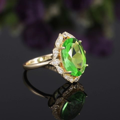Luxury Vintage Copper Oval Green Zirconia Wedding Ring For Women Gold Plated Elegant Bridal Party Fashion Finger Jewelry
