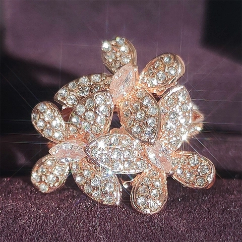 Anillo de Cobre con Circón en Forma de Flor de Lujo Para Mujer Diseño de Pétalo Elegante Joyería para Fiesta Boda Oro Rosa Blanco