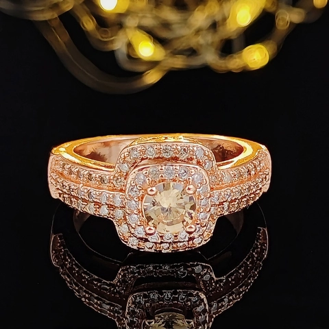 Luxury 14K Rose Gold Plated Copper Ring For Women Champagne Zirconia Halo Engagement Wedding Band Fashion Jewelry Gift