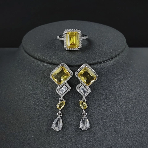Luxury Copper Yellow Rhinestone Jewelry Set For Women Emerald Cut Geometric Ring Long Drop Earrings Wedding Banquet Jewelry