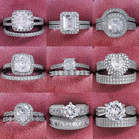Luxus Kupfer Strass Stapelbar Ring Set Geometrisch Rund Hochzeit Verlobungsringe Für Damen Schmuck Geschenk