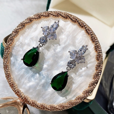 Elegant Copper Green Zircon Drop Earrings Pear Shape Emerald Style Flower Cluster Top For Women Wedding Party Jewelry