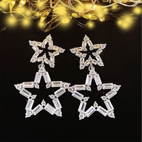 Luxury Hollow Double Star Pendant Earrings Copper Silver Plated Rhinestone Pentagram Drop Earrings For Women Party Prom Jewelry