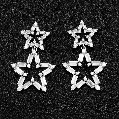 Luxury Hollow Double Star Pendant Earrings Copper Silver Plated Rhinestone Pentagram Drop Earrings For Women Party Prom Jewelry