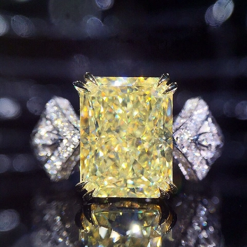 Luxury Radiant Cut Yellow Cubic Zirconia Ring Copper Three Stone Engagement Wedding Party Jewelry For Women