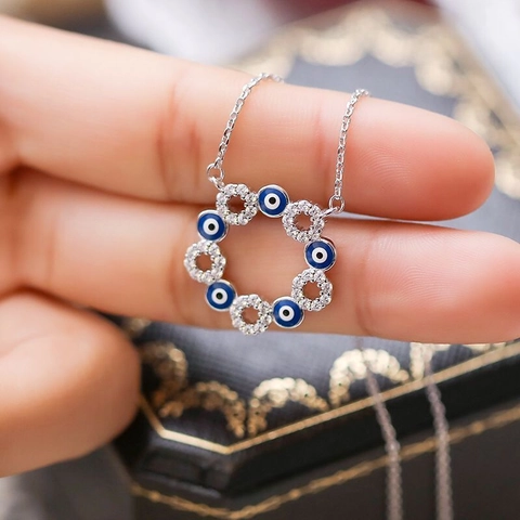 Collier Pendentif Rond Mauvais Œil Cuivre Zircon Émail Bohème Bijoux Amulette De Chance Pour Femmes