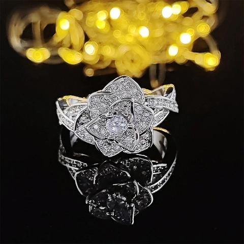 Anillo De Lujo De Zirconia Con Flor De Rosa Para Mujer Elegante Cobre Incrustado Strass Oro Rosa Plateado Joyería Floral