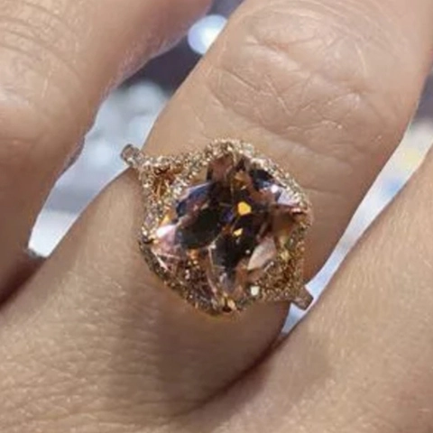 Copper Ring With Rose Gold Plated Champagne Zircon Cushion Cut Halo Design For Women Bridal Engagement Party Jewelry