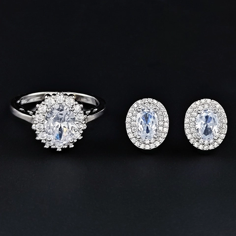 Luxury Oval Cut Rhinestone Halo Ring And Earrings Jewelry For Women Electroplated Alloy Elegant Wedding Banquet Accessories