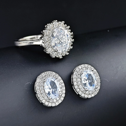 Luxury Oval Cut Rhinestone Halo Ring And Earrings Jewelry For Women Electroplated Alloy Elegant Wedding Banquet Accessories