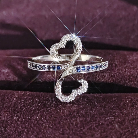 Elegant Copper Interlocking Double Heart Ring Silver Plated Blue White Rhinestone Inlaid Hollow Jewelry For Women Gift