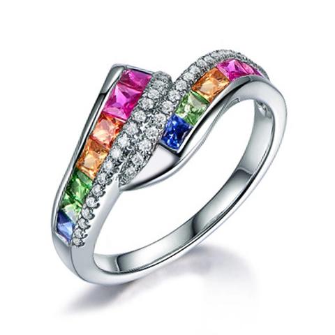 Women Cross Over Wave Ring Copper Plated White Gold Multi Color Cubic Zirconia Rainbow Fashion Jewelry Gift