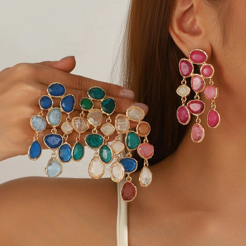 Colorful Resin Tassel Dangle Earrings Long Water Drop Alloy Gold Plated Fringe Earrings For Women Party Fashion Jewelry