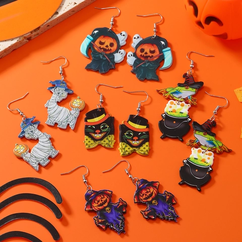 Halloween Acrylic Dangle Earrings For Women Funny Pumpkin Mummy Black Cat Ghost Wizard Frog Cauldron Festival Party Jewelry Accessories