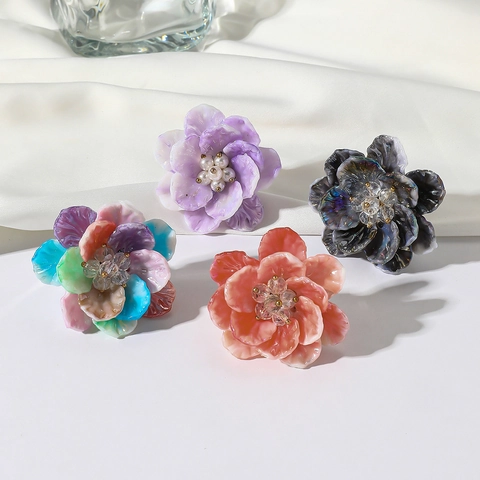 Anillo de Aleación Ajustable de Flores de Pétalos de Resina Colorida para Mujer Anillo Abierto Floral Grande Estética Vintage