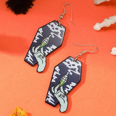 Gothic Coffin Shape Halloween Acrylic Dangle Earrings For Women Skull Snake Rose Pattern Holiday Party Drop Jewelry