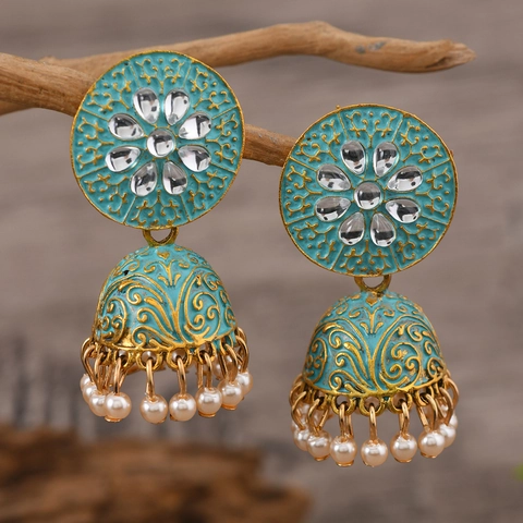 Retro Alloy Ethnic Jhumka Bell Heart Drop Earrings Bohemian Enamel Tassel Rhinestone Artificial Pearl Chandelier Earrings Women Jewelry
