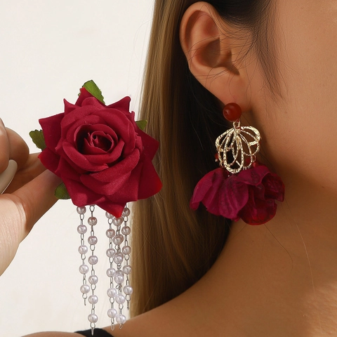 Boucles d'Oreilles Pendantes Vintage Fleur Tulipe Rose Perle pour Femmes Élégantes Boucles d'Oreilles Florales Broderie Tissu Strass Bague Bijoux