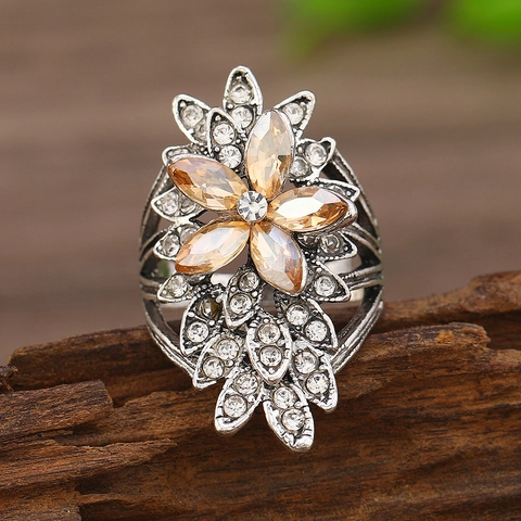 Anillo Abierto de Flor de Aleación Vintage para Mujer Bohemio Plata Oro Antiguo Strass Ajustable Geométrico Floral Joyería Anillo Regalo