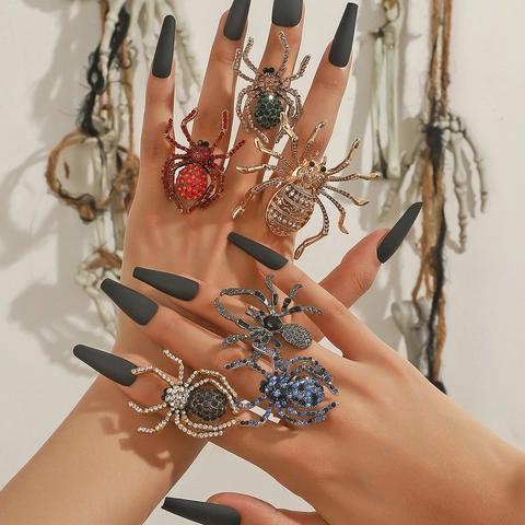 Anillo Abierto de Araña Gótica Vintage Para Mujeres Hombres Aleación Diamantes de Imitación Insecto Anillo Ajustable Joyería de Fiesta de Halloween Regalo