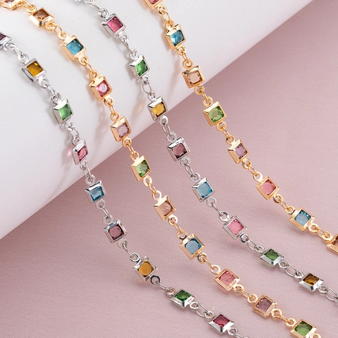 Cadena de Cobre con Piedras Preciosas de Vidrio Cuadradas de Colores para Creación de Joyas DIY Pulsera Collar Cadena de Eslabones