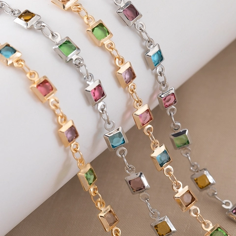 Cadena de Cobre con Piedras Preciosas de Vidrio Cuadradas de Colores para Creación de Joyas DIY Pulsera Collar Cadena de Eslabones