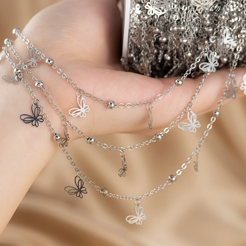 Vintage Copper Butterfly Beaded Chain DIY Jewelry Making Electroplated Metal Link Chain For Necklace Bracelet Accessory Components