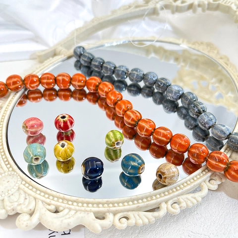 Pumpkin Shape Striped Ceramic Beads Handmade Kiln Glazed Multi-Color Round Beads DIY Jewelry Making Accessories For Bracelet
