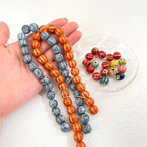 Pumpkin Shape Striped Ceramic Beads Handmade Kiln Glazed Multi-Color Round Beads DIY Jewelry Making Accessories For Bracelet