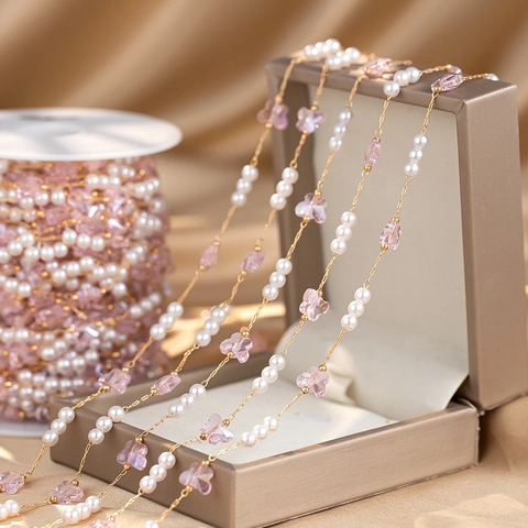Copper Gold Plated DIY Jewelry Making Chain With Imitation Artificial Pearl And Crystal Butterfly Beads For Handmade Necklace Craft