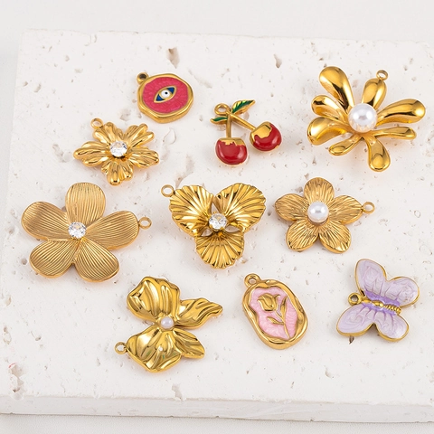 Stainless Steel Flower Butterfly Cherry Bowknot Pendants With Artificial Pearl Rhinestone For DIY Jewelry Necklace Earrings Crafting Women Accessories