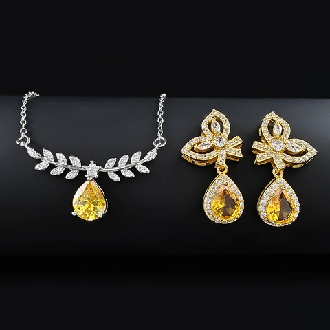 Luxury Copper Zirconia Yellow Pear Shape Waterdrop Wing Pendant Necklace Drop Earrings Jewelry Set For Women Banquet Party
