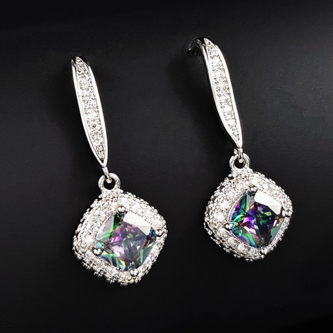 Square Cut Zirconia Halo Drop Earrings With 925 Sterling Silver Earring Post Copper Geometric Jewelry For Women Wedding Banquet