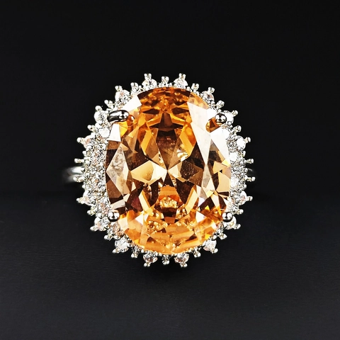 Luxe Ovale Oranje Zirkonia Halo Ring Koper Verzilverd voor Vrouwen Elegante Banket Feest Cocktail Ring Sieraden