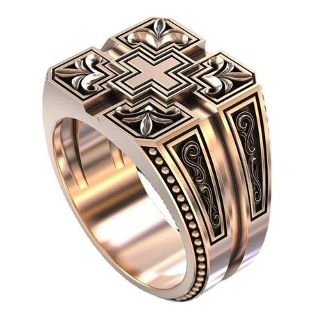 Men's Vintage Cross Signet Ring Rose Gold Plated Copper Fleur-De-Lis Scroll Pattern Religious Fashion Jewelry Finger Ring