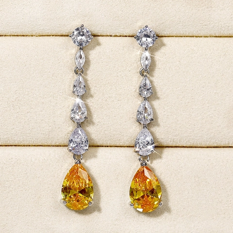 Luxury Copper Zirconia Tear Drop Dangle Earrings Pear Shape Long Tassel Yellow White Stone Earrings For Women Wedding Party Jewelry