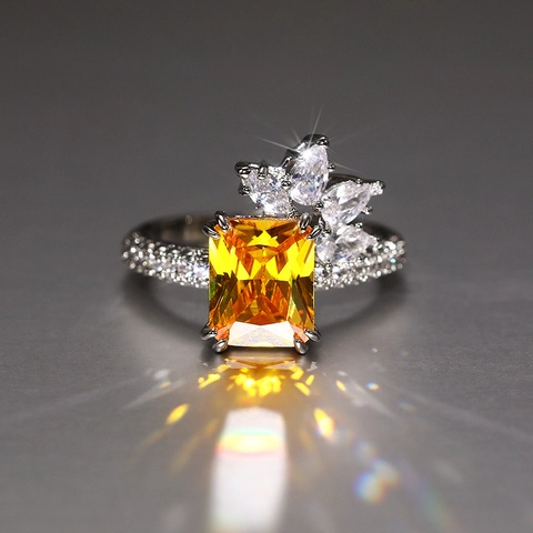 Emerald Cut Yellow Gemstone Copper Ring With Marquise Zircon Flower Vintage Style Luxury For Women