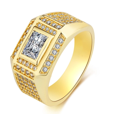 Herren Hip Hop Vergoldet Kupfer Ring Geometrisch Micro Pave Rechteckiger Strass Breiter Siegelring Mode Schmuck Accessoire