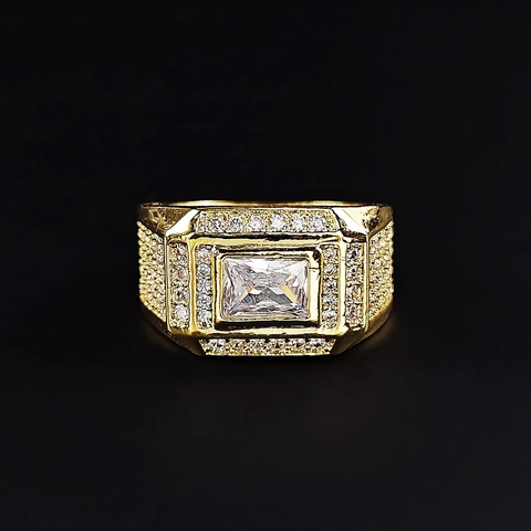 Luxury Geometric Zirconia Gold Plated Copper Ring For Men Hip Hop Micro Pave Rectangle Stone Fashion Jewelry Party Gift