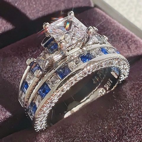 Luxury Princess Cut Square Zirconia Rings Copper Electroplated Blue Green Gemstone Wedding Jewelry For Women Fashion Gifts