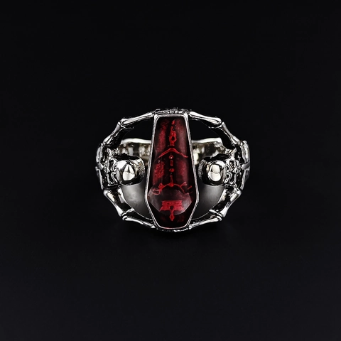 Vampire Gothic Coffin Ring With Skull And Skeleton Hands Design Retro Punk Style Red Stone Copper Ring Halloween Jewelry