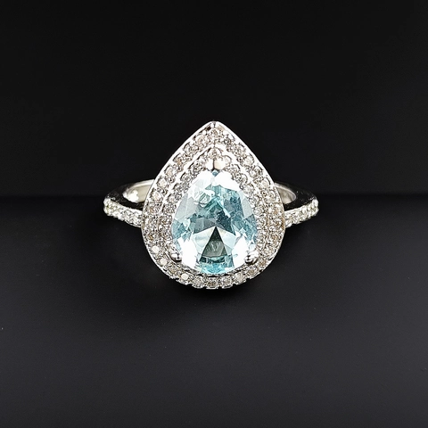 Luxury Copper Pear Cut Blue Topaz Double Halo Ring Sparkling Zirconia Teardrop Finger Ring For Wedding Party Women Jewelry